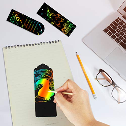 JINSEY Scratch Bookmarks Scratch Rainbow Paper Art Bookmarks 60 Pieces Scratch Paper DIY Bookmarks , with Wooden Styluses and Colorful Rope, Twine, Storage Bags