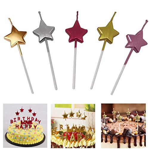 GKanMore 10 Count Metallic Cake Candles Multi-Color Star Cake Candle Topper with Holder for Wedding Party Birthday Cake Decoration (Star Shape)
