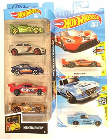 2018 Hot Wheels NIGHTBURNERZ 5 Pack &amp; Bonus: Hot Wheels 2018 50th Anniversary Speed Graphics Datsun Fairlady 2000 &amp; Hot Wheels 2018 50th Anniversary Legends of Speed 2016 Ford GT Race