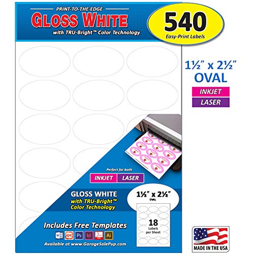 Pack of 540 Permanent Print-to-The-Edge Oval Labels, Laser/Inkjet, 1.5 x 2.5-Inches, Glossy White.