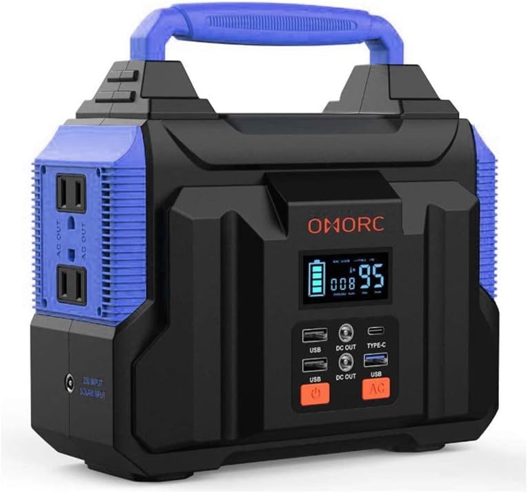 OMORC USAA4-VTGEBH098AB 300W Portable Station Pure Sine Wave Camping Generator 45W PD/QC3.0/2(350W MAX) AC/2 DC/2 USB Outputs Solar Lithium Emergency Backup Power for CPAP, 150W, 2-Blue