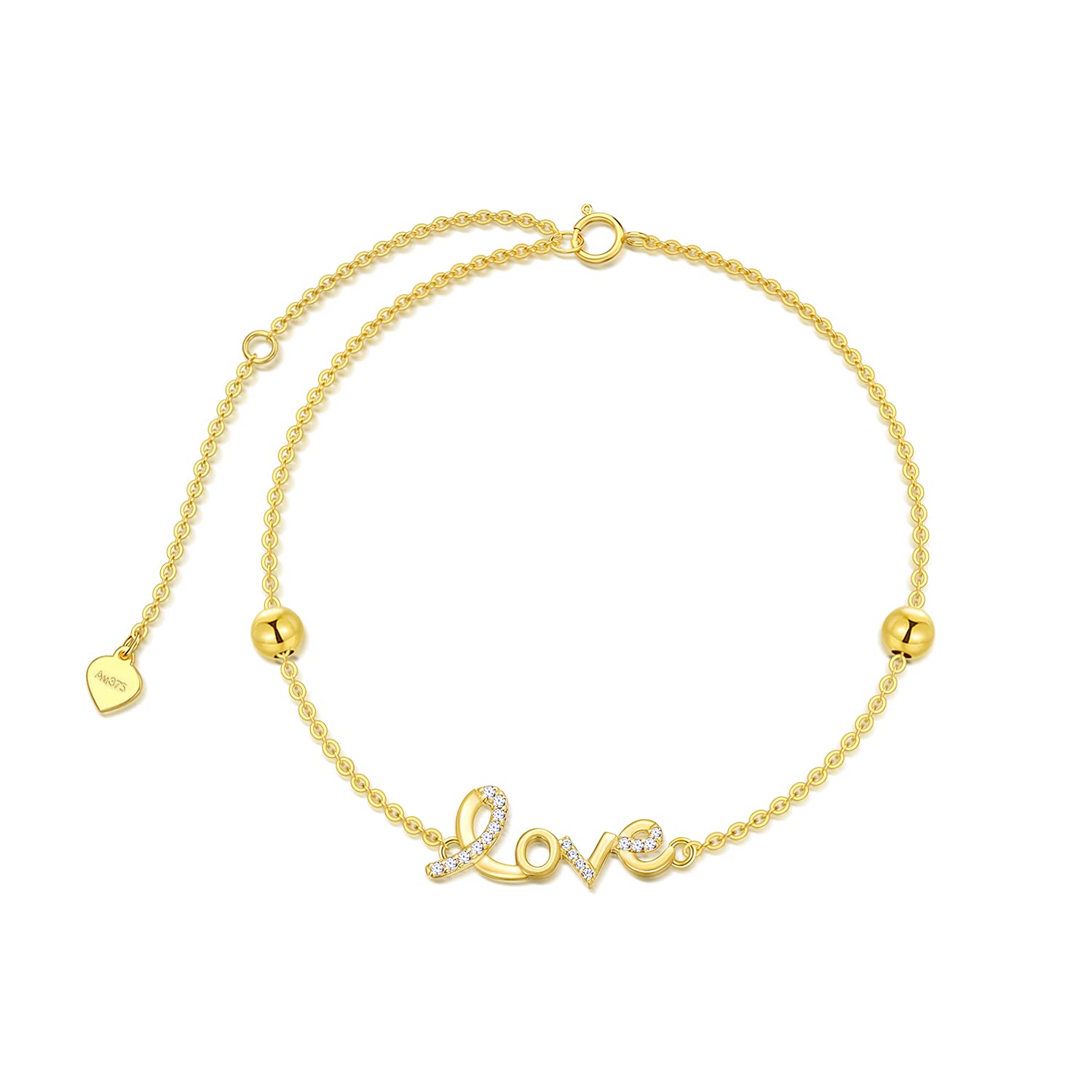 SISGEM 9 ct Gold Love Bracelet, Solid Yellow Gold Love Letter Bracelet with 4mm Gold Beads, for Women Girls Ladies Mum Sisters, 7"+1"+1"