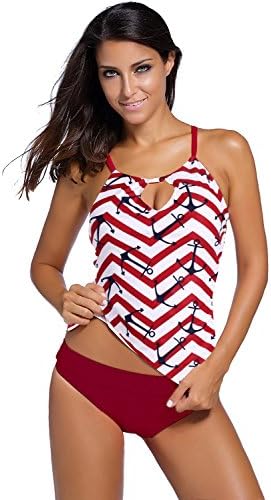 Vsecrety Women Strappy Banded Printed Tankini Top with Triangle Briefs Swimsuit(Red,Small)