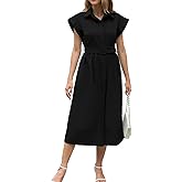 Haellun Women's Elegant Dress Classy Turn Down Collar Shirt Dress with Belt Short Wing Sleeve Trench Coat