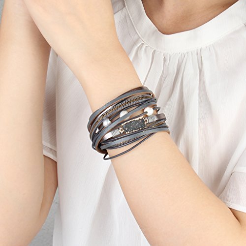 COOLLA Women Genuine Leather Vintage Volcanic Stone Wrap Bangle Bracelet Pearl Pendant Magnet Buckle (Grey) - Thumbnail 7