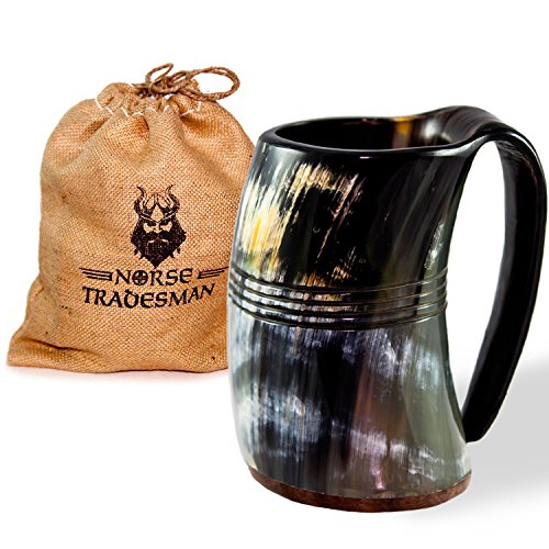 Norse Tradesman Genuine Viking Drinking Horn Mug Tankard w/ Rosewood Bottom and Ring Engravings | 24 Ounces | The 