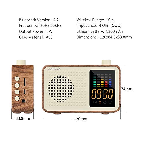 Portable Bluetooth Speaker Vintage Retro Style Wood Grain Bluetooth 4.1 Wireless Speaker with FM Radio Alarm Clock AUX Input Support TF Card (Walnut)