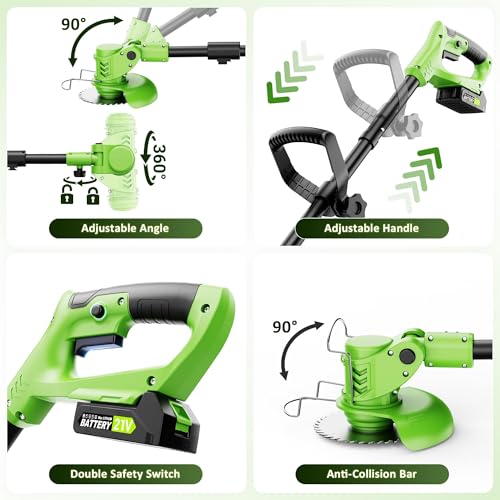 Cordless Weed Wacker with Wheels 4-in-1, 4000mAh Battery Powered Stringless Weed Eater, Brushless Grass Trimmer with 2 Batteries, 3 Blade, Adjustable Head, Lightweight Lawn Edger Brush Cutter