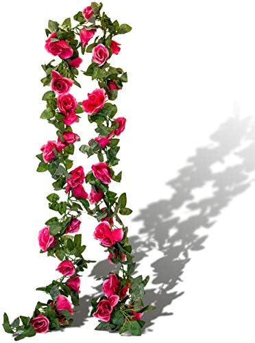 Lavish Rose | Artificial Flowers Fake Roses Plants for Decoration | Leaf Garland Ivy Rose | Perfect for Wedding Arch, Birthday Party, Home Decoration, Outdoor Backdrop, Garden Wall Decor | 2Pcs 7.2Ft