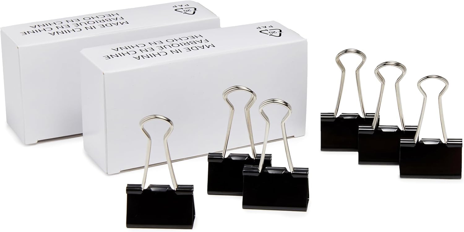 Amazon Basics Sturdy Binder Clips, Office Supplies, Medium 1.25 inches, Document Organizing, Sturdy Steel, Black, 24 Count (2 Pack of 12)