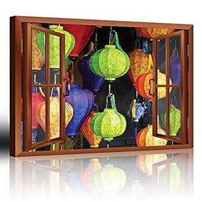 Modern Copper Window Looking Out Into Colorful Japanese Lanterns with Designs on Them - Canvas Art Home Art - 24x36 inches