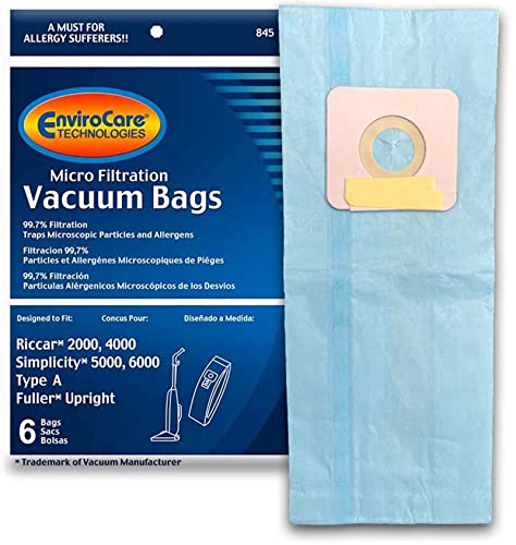 EnviroCare Replacement Micro Filtration Vacuum Bags for Riccar 2000, 4000 and Vibrance Series. Simplicity 5000, 6000 and Symmetry Type A 6 Bags