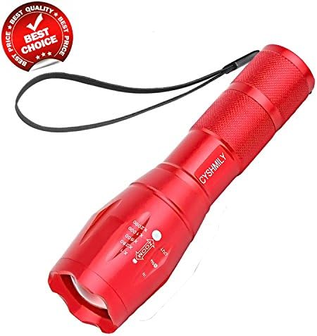Tactical Portable Flashlight CYSHMILY Super Bright XML-T6 Red LED Light Waterproof Zoomable Military Handheld Torch High Lumens 5 Modes for Outdoor(Battery and Charger Included) Red