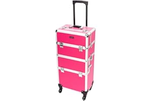 mefeir 2 in 1 Rolling Makeup Train Case, Aluminum Makeup Travel Organizer Cosmetic Case, Cosmetology Display Suitcase on Wheels, Beauty Storage Luggage Lockable w/4 Removable Wheels (Rose-Pink)