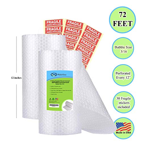 Air-Bubble-Cushioning-Wrap-Roll-for-Heavy-Duty-Packing-12-Inch-x-72-Feet-Total-Perforated-Every-12-2-Pack-36-Each-Roll-30-Fragile-Stickers-Included