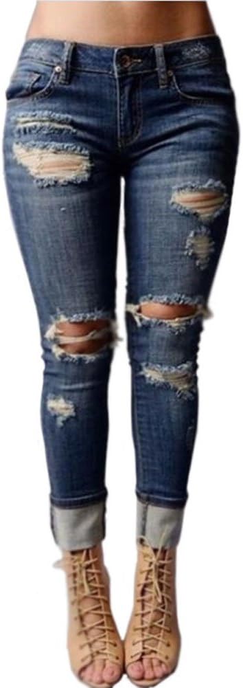 VICVIK Women Knee Skinny Denim Distressed Ripped Boyfriend Jeans (L)