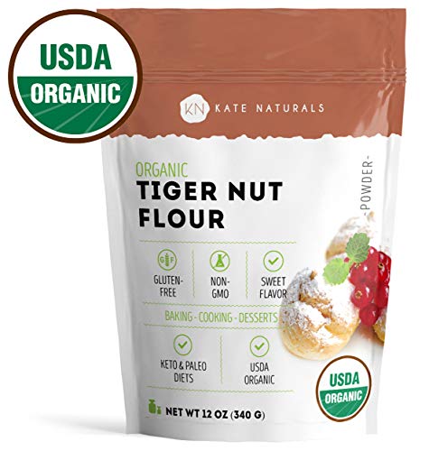 Organic Tiger Nut Flour - Kate Naturals. Perfect for Cookies, Baking. Sweet Flavor, Smooth Texture. Gluten-Free & Non-GMO. Large Resealable Bag. Paleo Friendly. 1-Year Guarantee (12oz)