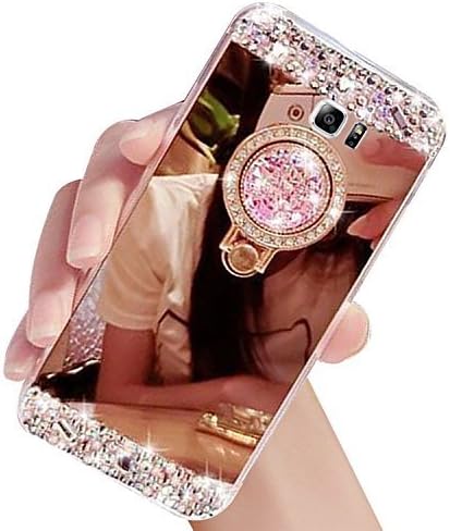 Galaxy C7 Case,Galaxy C7 Pro Case,,XIHUA Luxury Crystal Rhinestone Soft Rubber Bumper Bling Diamond Glitter Mirror Makeup Case with Ring Stand Holder for Samsung Galaxy C7 Pro C7000 C701F-Rose Gold