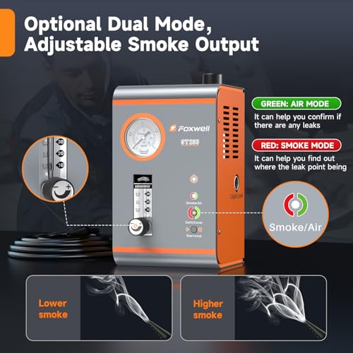 FOXWELL ST203 Smoke Tester for Car, EVAP Smoke Machine Leak Detector with Pressure & Flow Meter, Built-in Air Pump 16L/Min, Complete Accessories Kit, Pro Dual-mode Vacuum Smoke Tester for 12V Vehicles