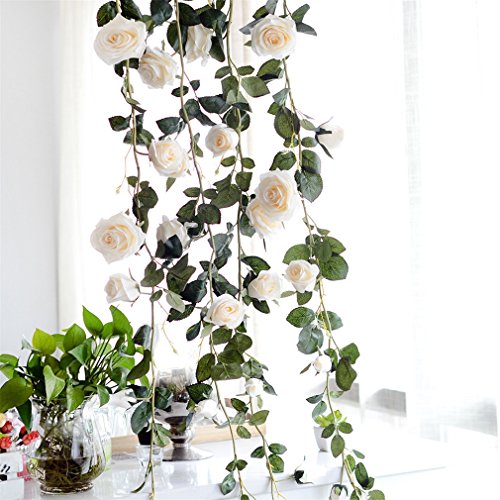 180Cm Artificial Rose Flower Vine Wedding Decorative Real Touch Silk Flowers With Green Leaves For Home Hanging Garland Decor White