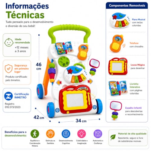 Andador Educativo Musical para Bebê 2 em 1, 12 Meses a 3 Anos | Piano, Lousa Mágica, Telefone, Atividades Interativas, Centro de Atividades para Primeiros Passos