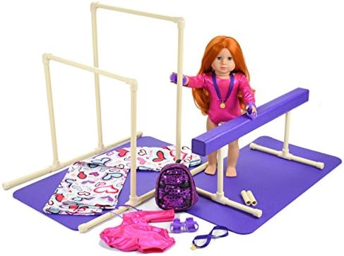 Hearts 18" Doll Gymnastics Balance Beam / Uneven Bars Set with Mats, Carry bags, and Outfit