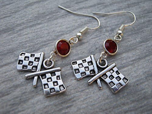 Checkered Flag Birthstone Earrings, Personalized Race Earrings, Stock Car Racing Jewelry