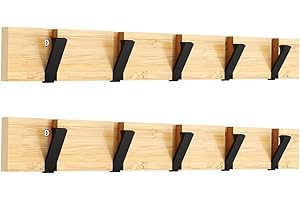 Anjuer Wall Mounted Clothes Hangers 5 Retractable Hooks 20kg Load Bamboo Board Black Hooks 2pcs