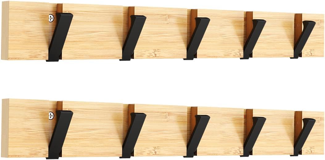 Anjuer Wall Mounted Clothes Hangers 5 Retractable Hooks 20kg Load Bamboo Board Black Hooks — image 1