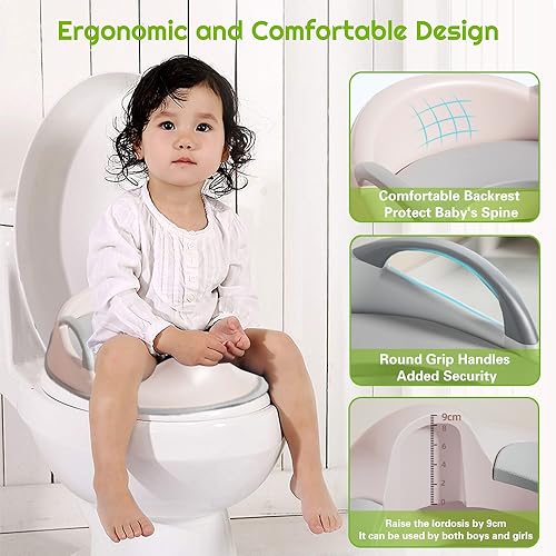 Potty Training Seat, Toddlers Toilet Training Seat with Detachable Soft Cushion, Sturdy Handle and Backrest, Toilet Seat with Baby Splash Guard for Toddlers and Kids, Fit Round Oval Toilet