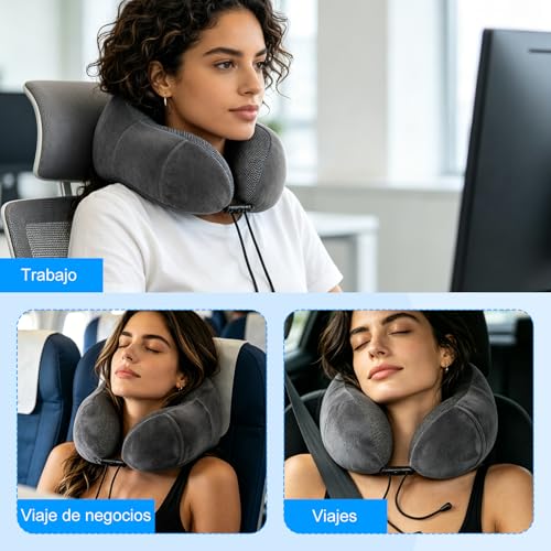 Almohada de Viaje, Almohada de Cuello Viscoelástica de Espuma de Memoria, Funda de Almohada Extraíble y Transpirable,con Máscara para Los Ojos, Tapones Para Los Oídos, Bolsa de Almacenamiento