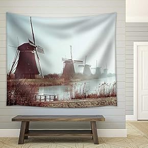 Traditional Dutch Windmills in Winter at Kinderdijk, Netherlands - Fabric Wall Tapestry Home Decor - 51x60 inches