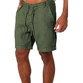 Men's Linen Casual Classic Short Elastic Waist Summer Beach Lightweight Board Slim-Fit with Pockets