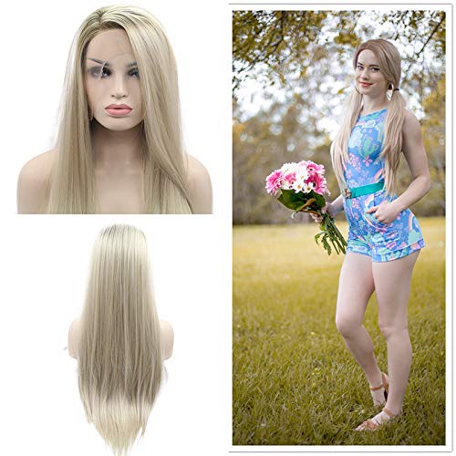 Sylvia Soft Blonde Ombre Lace Front Wigs with Light Brown Roots Side Part Glue-less Half Hand Tied Natural Straight Soft Blonde hairs Heat Resistant Hair Replacement Pinup Wigs