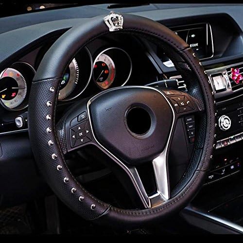 Universal Car Steering Wheel Cover Steering Wheel Cover with Crown and Rivet PU Leather 37-39CM/15" Anti Slip Protector Steering Wheel Protector For Women & Girls - Black & White