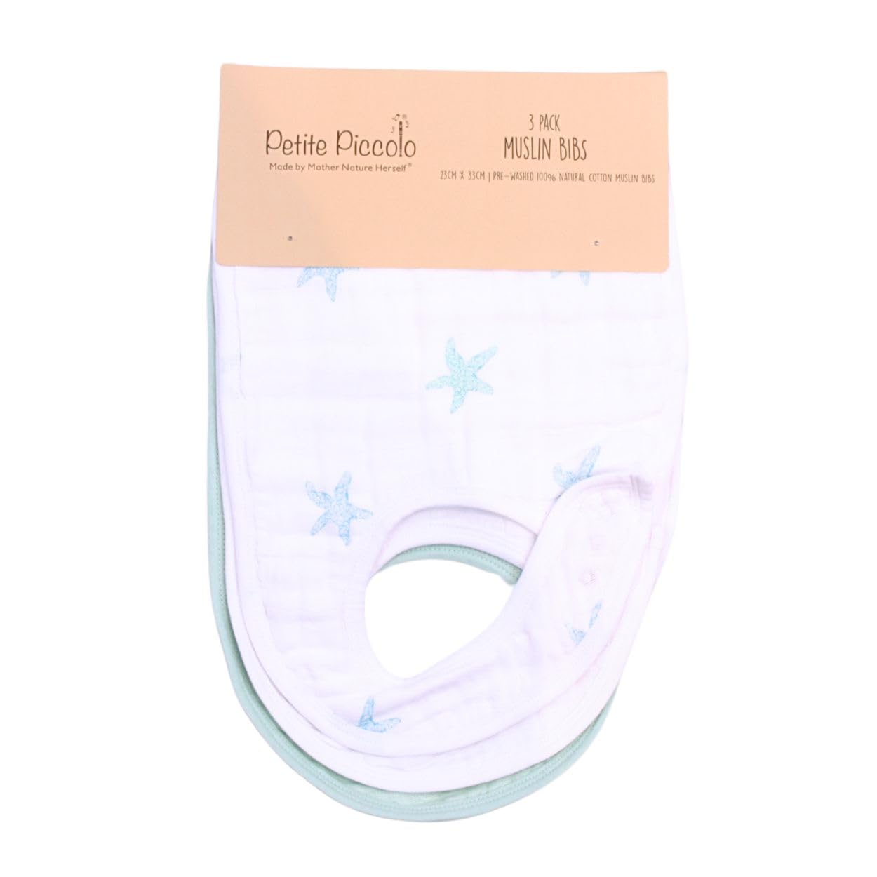 Petite Piccolo Muslin Baby Bibs, Drool Bibs, Adjustable, Soft and Absorbent, 3 Pack, 23cm x 23cm - Starfish Design