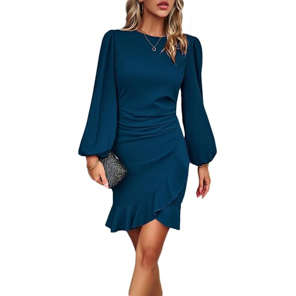 thumbnail image 2 of VECVOC Women's Long Puff Sleeve Bodycon Mini Dress - Ruffle Hem, Crewneck, Cocktail & Party Dress 2 of 11