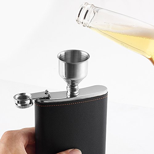 YWQ Flask for Liquor and Funnel,8 Oz Leak Proof Stainless Steel Pocket Hip Flask with Black Leather Cover for Discrete Shot Drinking of Alcohol, Whiskey, Rum and Vodka, Gift for Men