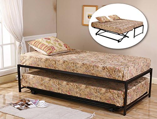 39'' / Twin Size Black Metal High Riseer Bed Frame With Pop Up Trundle
