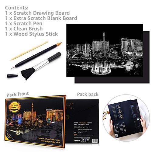 Ageqi Scratch Art Paper Rainbow Painting Sketch Pad for Adult and Kids, DIY Night View Scratchboard - 16'' x 11.2'' with 3 Tools (Las Vegas)