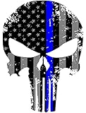 Punisher Skull 5.5 x 4 Inch Tattered Subdued Us Flag Reflective Decal with Thin Blue Line