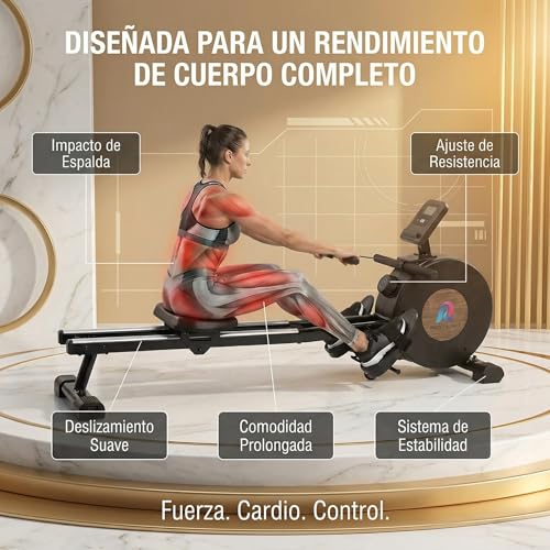 RESTSUKO Remadora Magnética Resistencia Ajustable 8 Niveles - Máquina de Remo con Asiento Ergonómico Ultrasuave, Soporte Tablet y Móvil, Riel Aluminio, Monitor LCD, Entrenamiento Cuerpo Completo