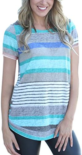 KUREAS Women’s Casual Color Block Striped T-Shirt Round Neck Button Top