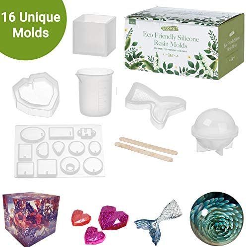 Eco Silicone Resin Molds Set (12pcs) | Large Epoxy DIY Resin Casting Molds Kit for Jewelry Making, Soap, Wax, etc | Includes Cube, Sphere, Diamond, Heart Clear Casting Molds w/Measuring Cup