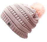 Women's Premium Winter Slouch Cable Knitted Pom Pom Beanie Hat with Hair Tie.