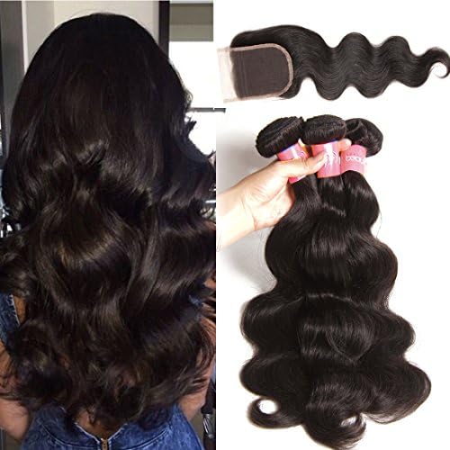 Brazilian Body Wave Hair Bundles With Closure Brazilian Virgin Hair Body Wave 3 Bundles With Closure 100% Unprocessed Human Hair Weave With Lace Closure Natu(100+/-5g)/pc(16 18 20+12free part closure)