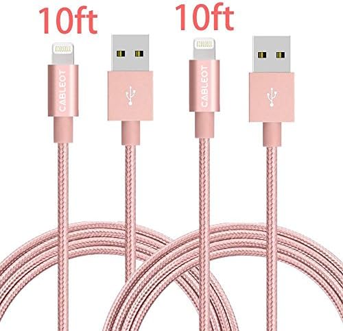 iPhone charger, CABLEOT 2 Pack 10FT Lightning Cable Nylon Braided 8pin Charging Cable Extra Long USB Cord for Apple iphone 7 7plus SE,6s,6s plus,6plus,6,iPad Mini,Pro,Air,iPad5,iPod (Rose Gold)