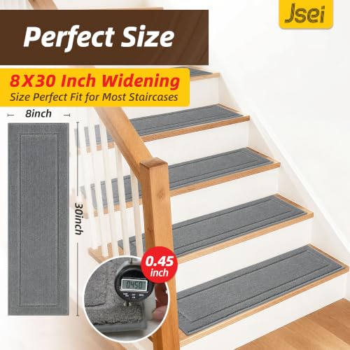 Non-Slip Stair Treads for Wooden Steps Indoor, 15 Pack 8" X 30" Edging Stair Rugs with TPE Backing,0.45" Thick Carpet Stair Treads for Kids Elders & Pets, 100% Polyester Soft Stair Runners, Light Grey | Non-Slip TPE Backing, Washable Stairs Carpet, Soft Polyester, Pet-Friendly for Wooden Steps