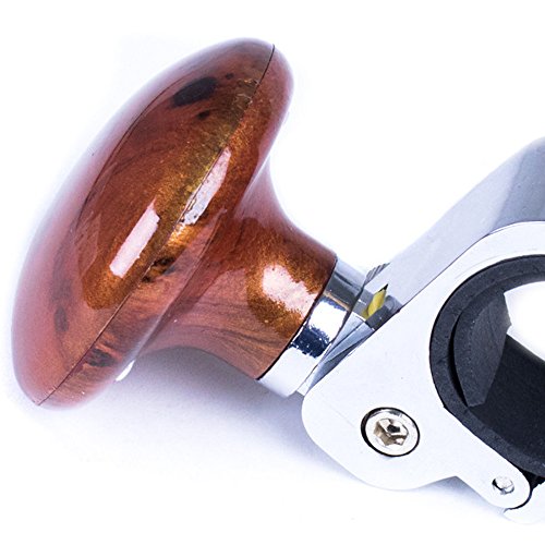 Brown Wood and Metal Premium Steering Wheel Assist Knob Spinner Accessory for Car, Truck