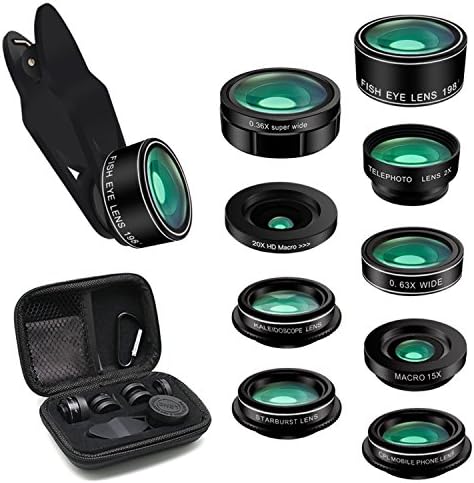 Phone Camera Lens Kit 9 in 1 Camera Lenses for iPhone, Samsung, Smartphones Including Super Wide Angle Lens, Macro Lens 15X & 20X, 2X Telephoto, CPL, Starburst, Kaleidoscope - Fits all iPhone, Samsung